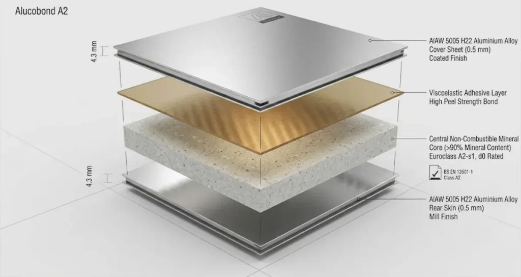Exploded structural 3D render showing Alucobond composite panel layers and mineral core.