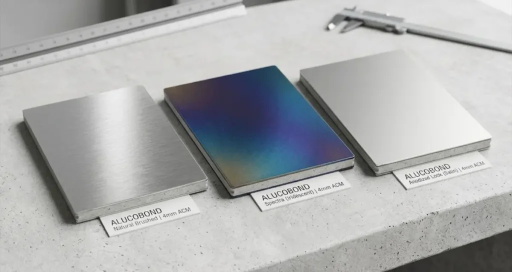 Architectural material swatches showing Alucobond Natural, Spectra, and Anodized surface finishes.