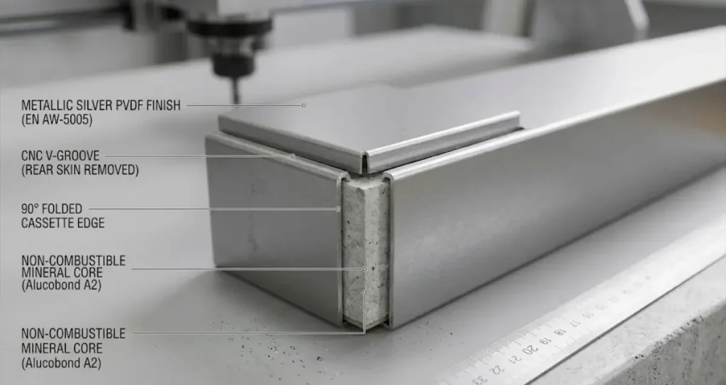 Close-up of CNC V-groove routing and 90-degree folded cassette edge on an Alucobond panel.