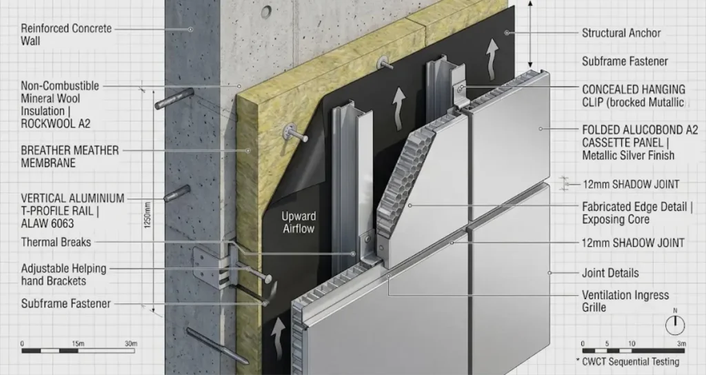 CAD technical cross-section of a ventilated rainscreen assembly with Alucobond panels and aluminium subframe.