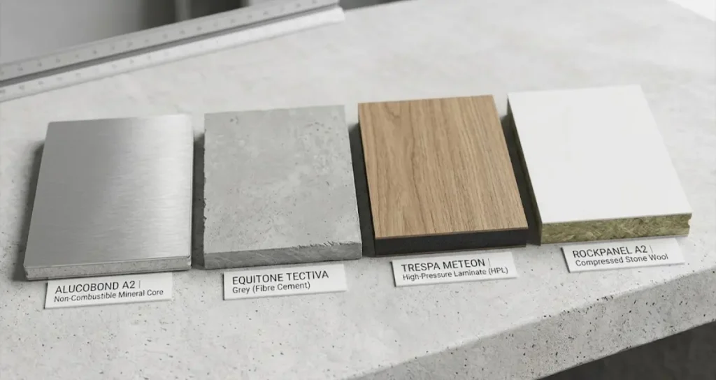 Material swatch comparison showing Alucobond ACM, Equitone fibre cement, Trespa HPL, and Rockpanel boards.