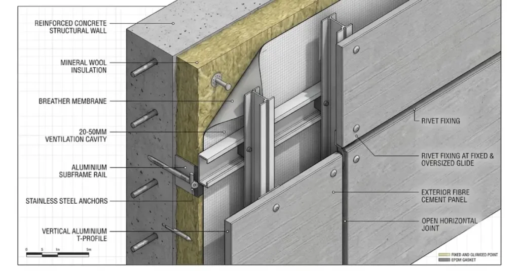 Cross-section diagram showing ventilated rainscreen cladding assembly with air cavity and aluminium subframe.