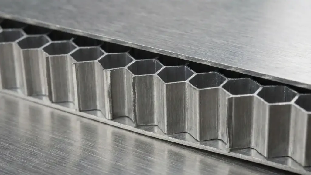 Macro view of Alucore aluminium honeycomb core showing hexagonal cell structure.