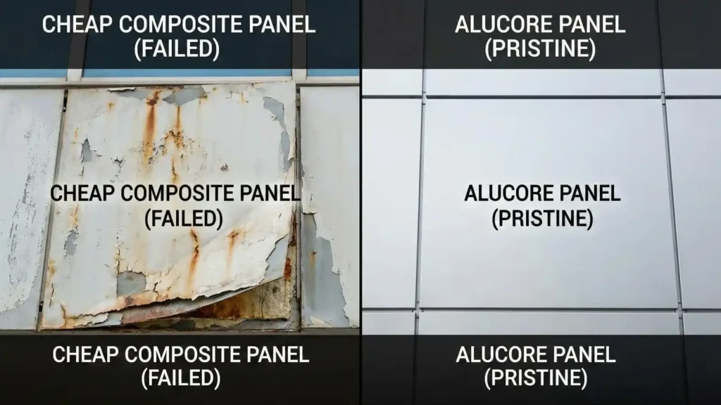 Comparison of failed delaminated composite panel vs durable Alucore honeycomb panel.