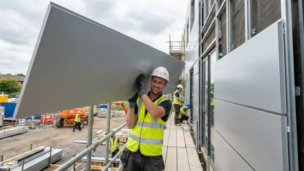 Installer lifting lightweight Alucore cladding panel by hand on construction site.