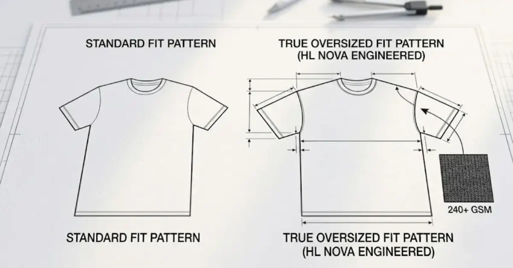 A technical blueprint drawing on a drafting table comparing a standard fit t-shirt pattern on the left with our engineered HL NOVA true oversized fit pattern on the right. The oversized design highlights extended drop shoulder lines and includes a macro fabric swatch confirming the use of 240 plus GSM heavy cotton.