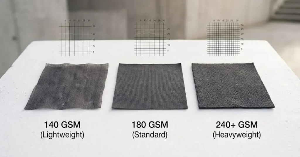 A clean visual guide displaying three different cotton fabric swatches on a white surface with digital density grids floating above each one. The layout progresses from a thin transparent 140 GSM lightweight fabric on the left to a standard 180 GSM in the middle and finishes with our dense 240 plus GSM heavyweight fabric on the right.
