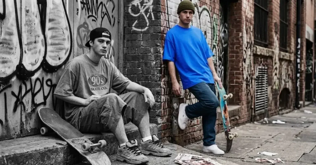 A full-color photograph of two young male skateboarders in an urban alleyway with extensive graffiti on brick walls. The man on the left sits on a concrete step wearing a grey oversized t-shirt with a prominent "90s SKATE CO." text and graphic. He wears a backward baseball cap and baggy cargo shorts. The man on the right leans against the brick wall wearing a bright cobalt blue loose fit t-shirt and an olive green beanie, holding his colored skateboard with standard wheels. Skateboards, newspapers, and cobbled pavement are in the foreground, representing an authentic moment of cultural shift in urban style.