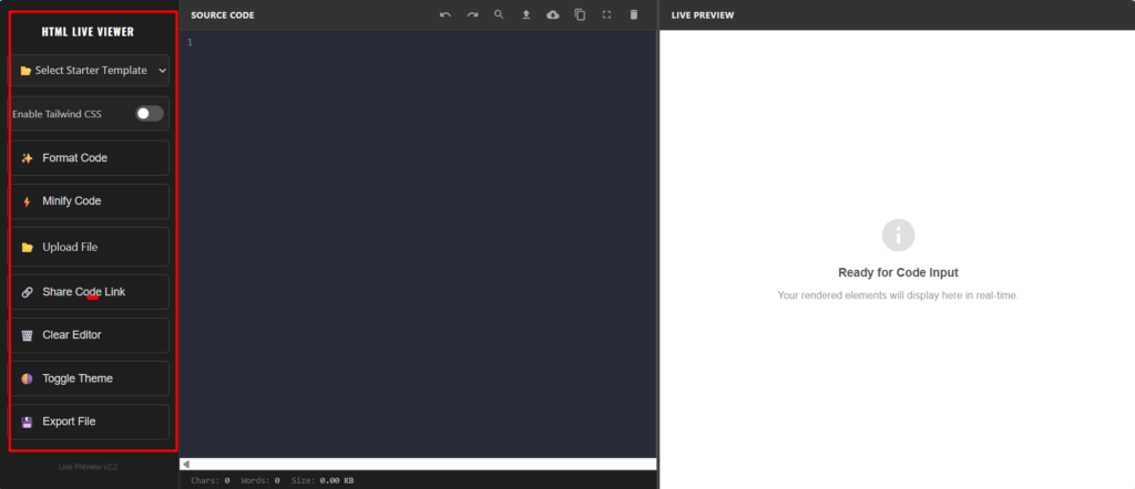 A screenshot of a web application interface used to test HTML code online. The left sidebar, highlighted with a red border, features tool options such as Select Starter Template, Enable Tailwind CSS, Format Code, Minify Code, Upload File, Share Code Link, Clear Editor, Toggle Theme, and Export File. The main area includes an empty "Source Code" panel in the center and a "Live Preview" panel on the right with a placeholder reading "Ready for Code Input."