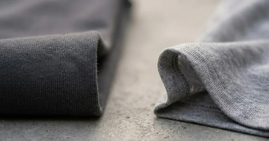 A macro close up photograph resting on a concrete surface showing a side by side comparison of two folded t-shirt fabrics. On the left is a dense structured dark grey heavyweight cotton fold. On the right is a thin flimsy light grey lightweight material. This demonstrates the exact physical difference in garment drape and quality.