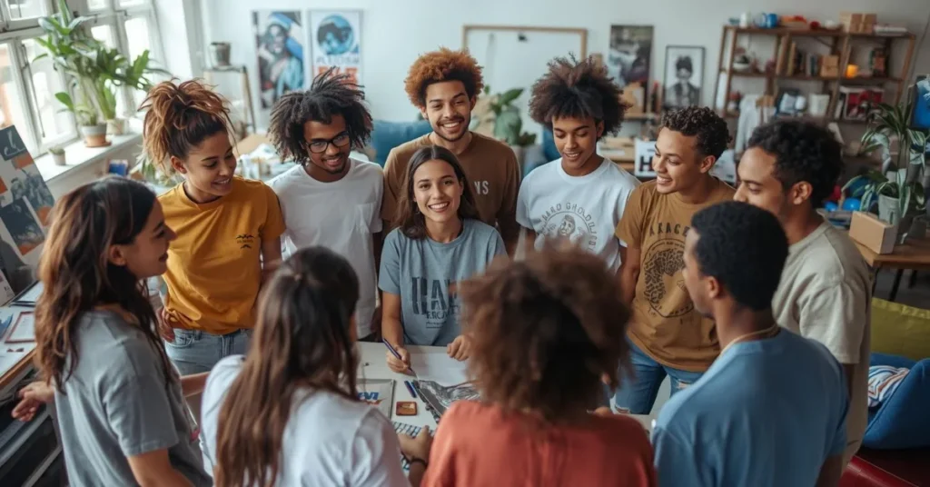 An overhead photograph of a diverse group of young adults collaborating around a table in a creative studio workspace demonstrating the cultural shift toward relaxed streetwear. On the left a woman stands wearing a mustard yellow HL NOVA plain oversized t-shirt. The surrounding team members wear various modern drop shoulder t-shirts highlighting the premium drape and physical comfort of heavyweight garments.