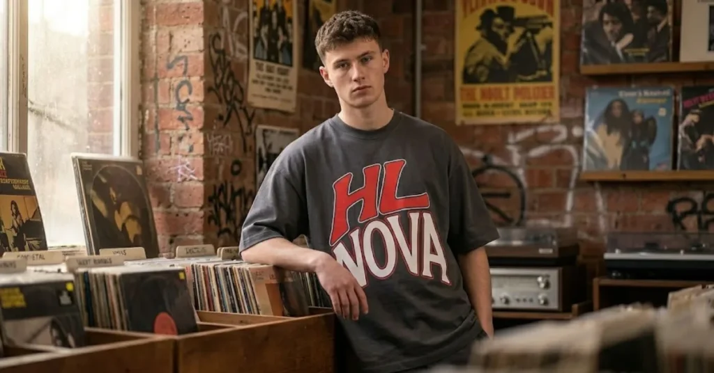 A young man wearing a charcoal grey, structured heavyweight t-shirt with a bold, white, black, and red graphic that says "HL NOVA" across the chest. The shirt features a distinct drop shoulder seam, emphasizing the heavyweight fabric weight and relaxed fit. He is leaning confidently against wooden record crates filled with vinyl records inside a record shop. In the background, there is a window with soft light, brick walls covered in graffiti, and shelves with vintage posters and equipment, reinforcing a classic, high-quality streetwear aesthetic.
