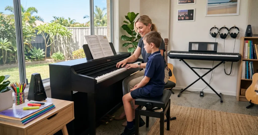 A piano teacher showing a young beginner student proper hand position on a full size digital piano in a bright studio.