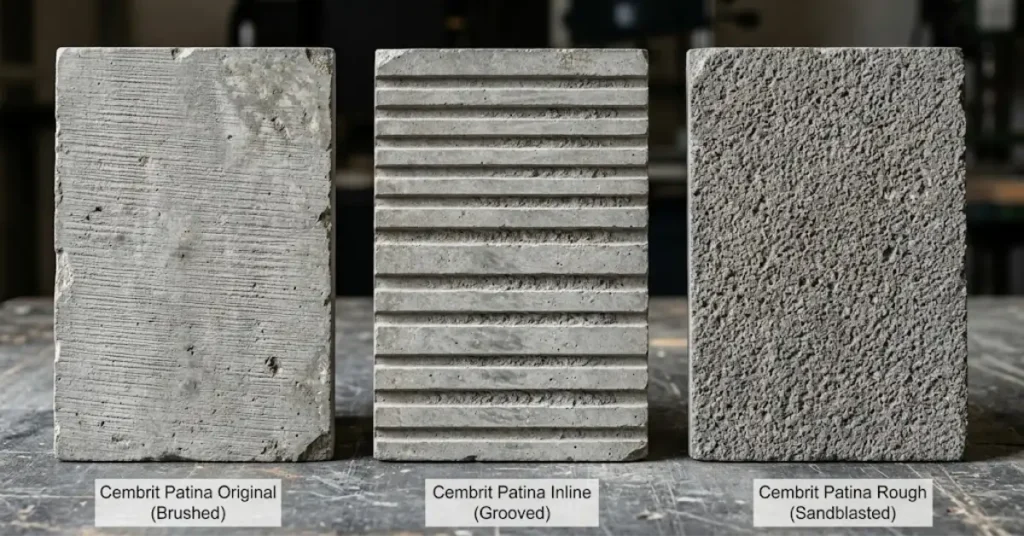 Close-up view of Cembrit Patina Original, Inline, and Rough textured facade panels.