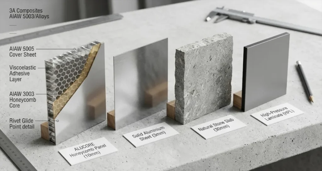 Material sample comparison of Alucore honeycomb panel next to solid aluminium, stone, and HPL boards.