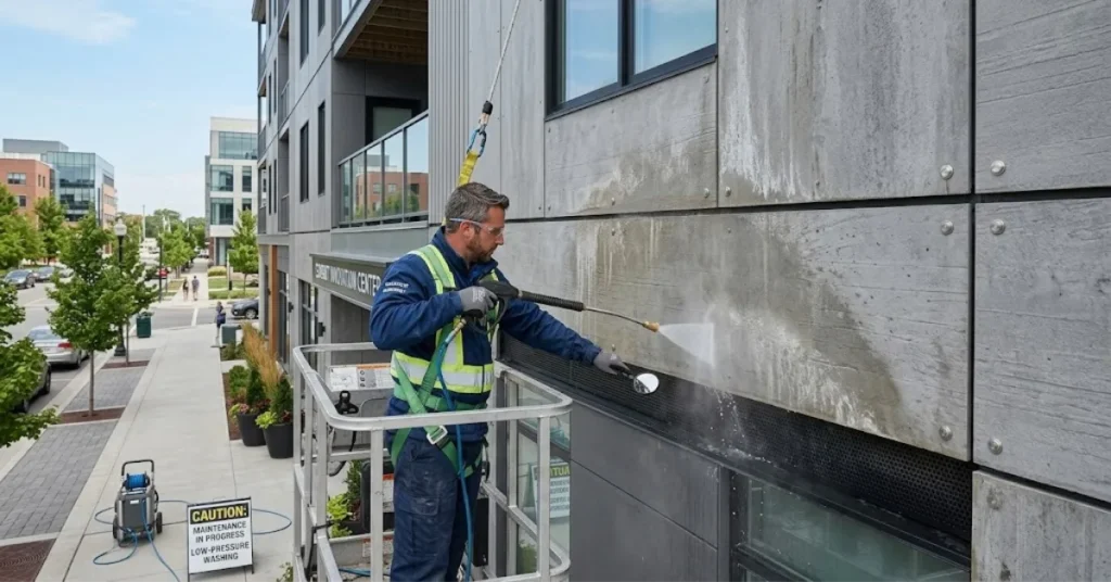 Routine low-pressure water washing and maintenance of an exterior fibre cement facade.