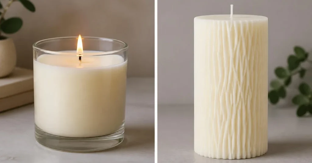 Side by side comparison of a soy glass container candle and a beeswax pillar candle