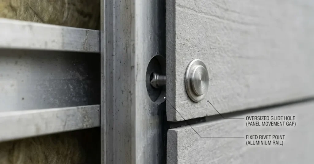 Close-up of stainless steel rivet fastener and glide hole installation on a fibre cement panel.