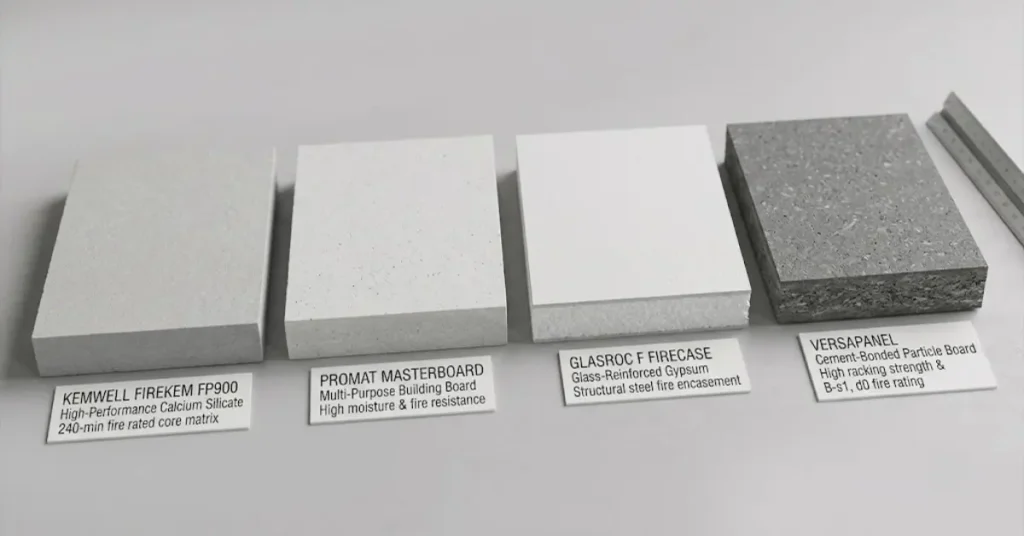 Swatch comparison of Kemwell fire rated calcium silicate board, Promat Supalux, and Glasroc F Firecase.
