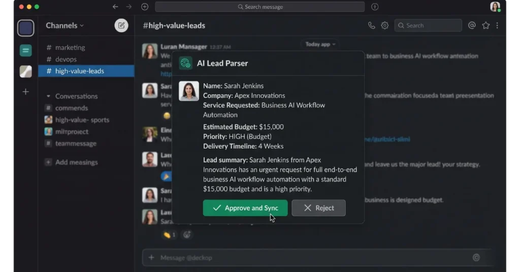 A user interface mock-up of a team messaging app displaying an AI-parsed lead card. The card details the name (Sarah Jenkins), company, budget ($15,000), priority, and request summary, and features two large action buttons: "Approve and Sync" and "Reject."