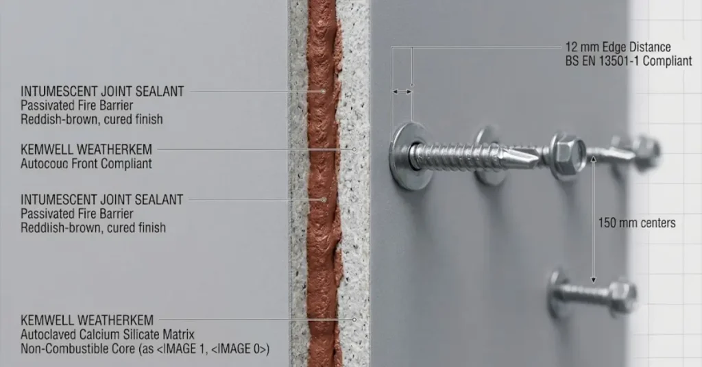 Close-up of screw fixings and intumescent sealant on a Kemwell fire rated calcium silicate board joint.