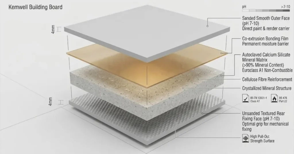 3D exploded render illustrating the internal mineral structure of Kemwell building boards.