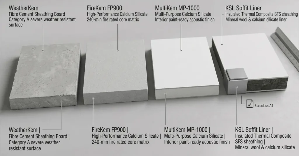 Studio sample swatch layout showing Kemwell building boards including WeatherKem and FireKem FP900.