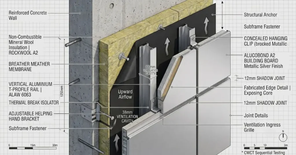 Architectural 3D CAD cross-section of Kemwell facades sheathing installed over steel framing.