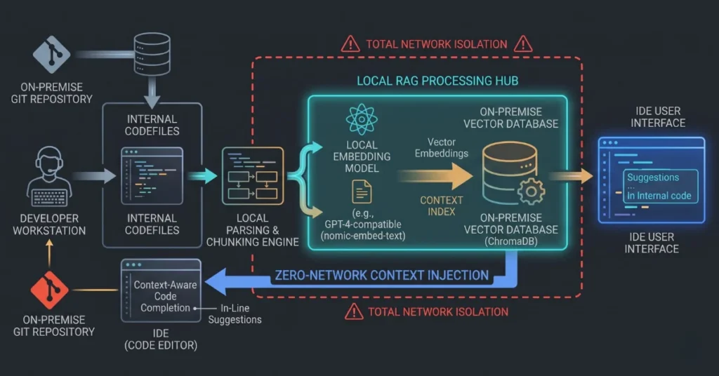 Diagram of a local retrieval augmented generation pipeline indexing internal code repositories for context-aware code completion.