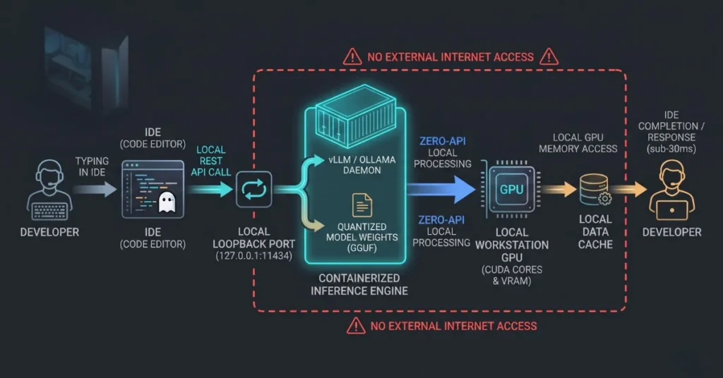 Flowchart showing local loopback API routing between a developer IDE and an on-premise AI inference engine.