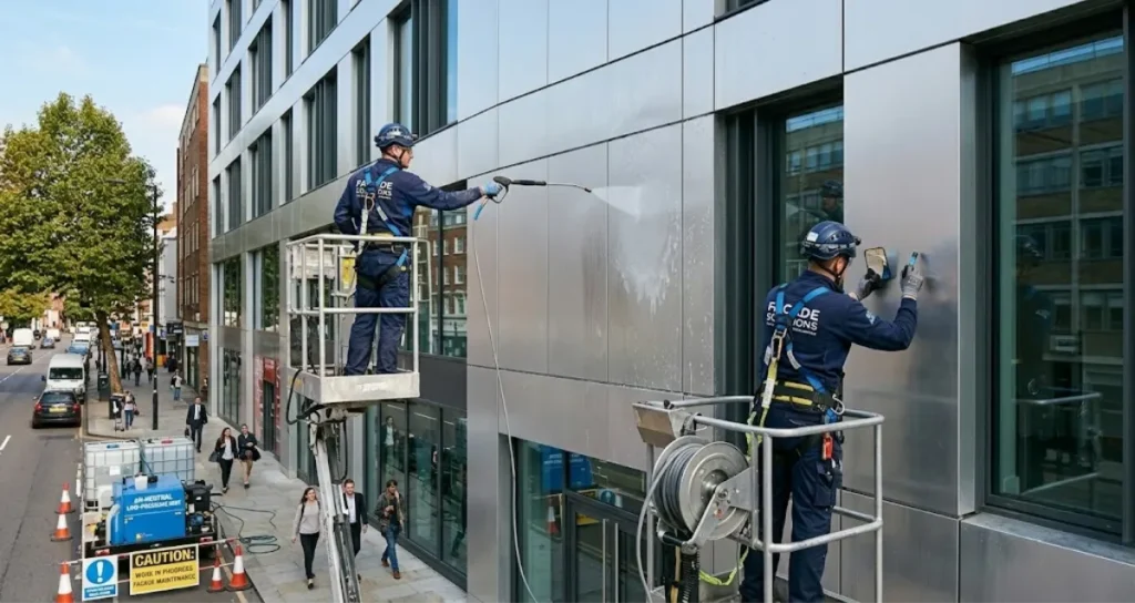 Professional maintenance technician washing an exterior aluminium honeycomb facade.