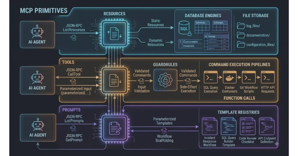 Diagram breaking down the three Model Context Protocol primitives: resources, tools, and prompts for enterprise AI integration.