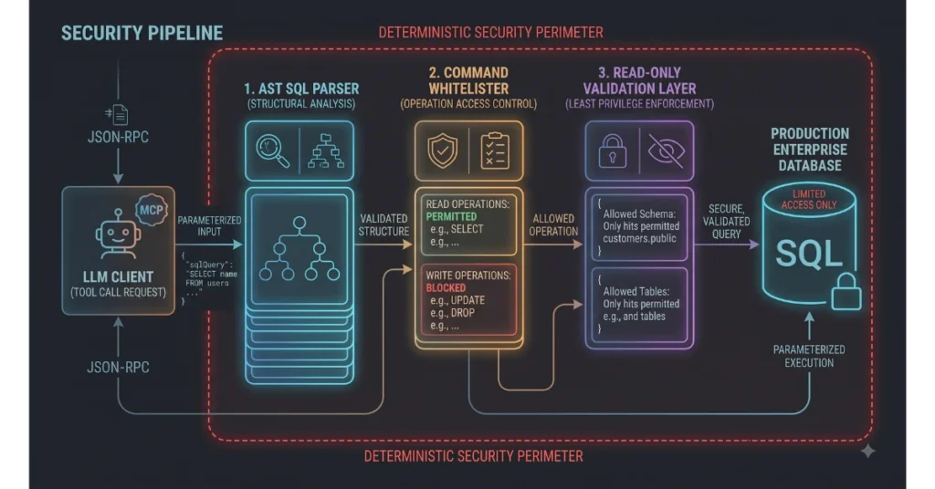 Security flowchart showing query validation and parameter guardrails inside a Model Context Protocol database server.