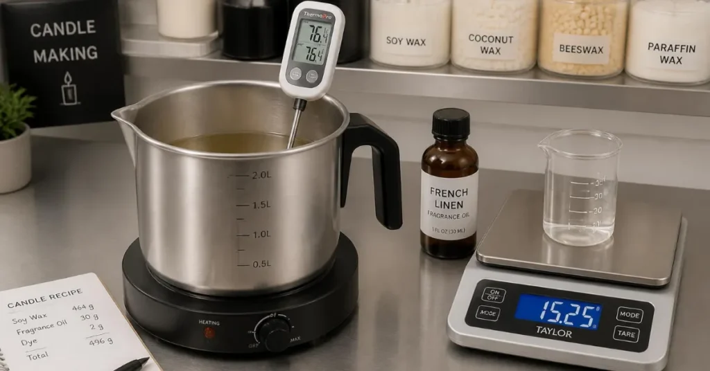 Measuring melted candle wax temperature with a digital probe beside fragrance oil bottles