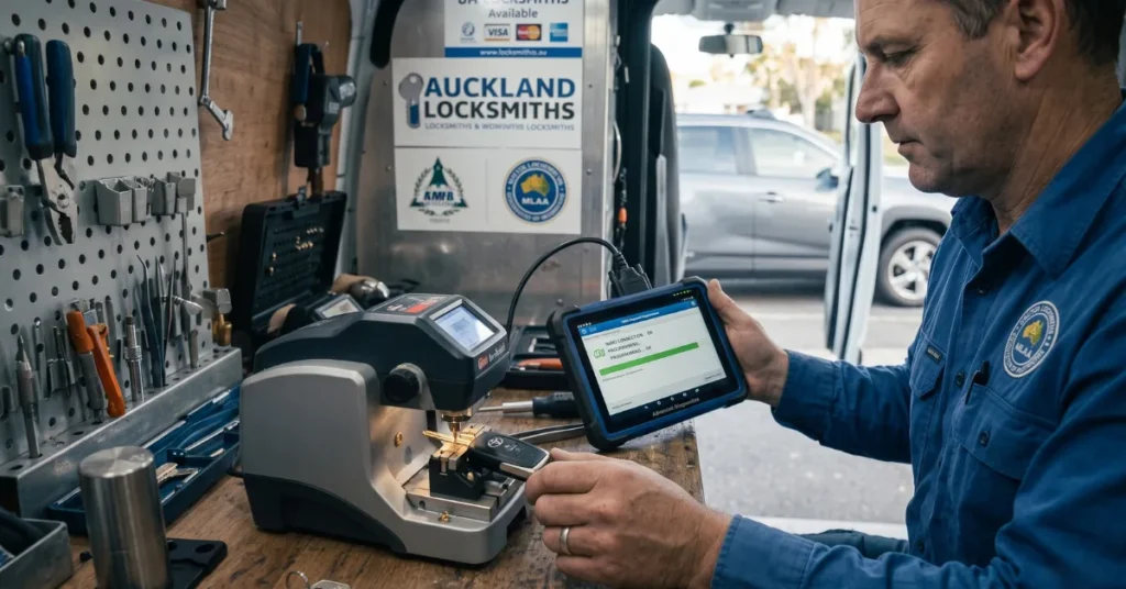 Roadside automotive locksmith cutting and programming an electronic transponder car key in Auckland