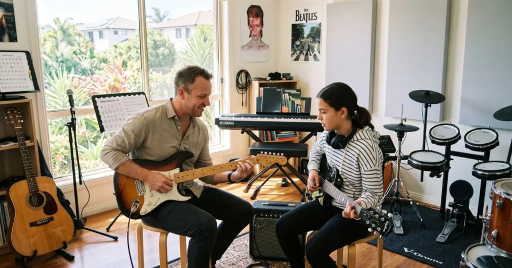 Professional music teacher Gold Coast conducting a private guitar lesson in a modern studio.