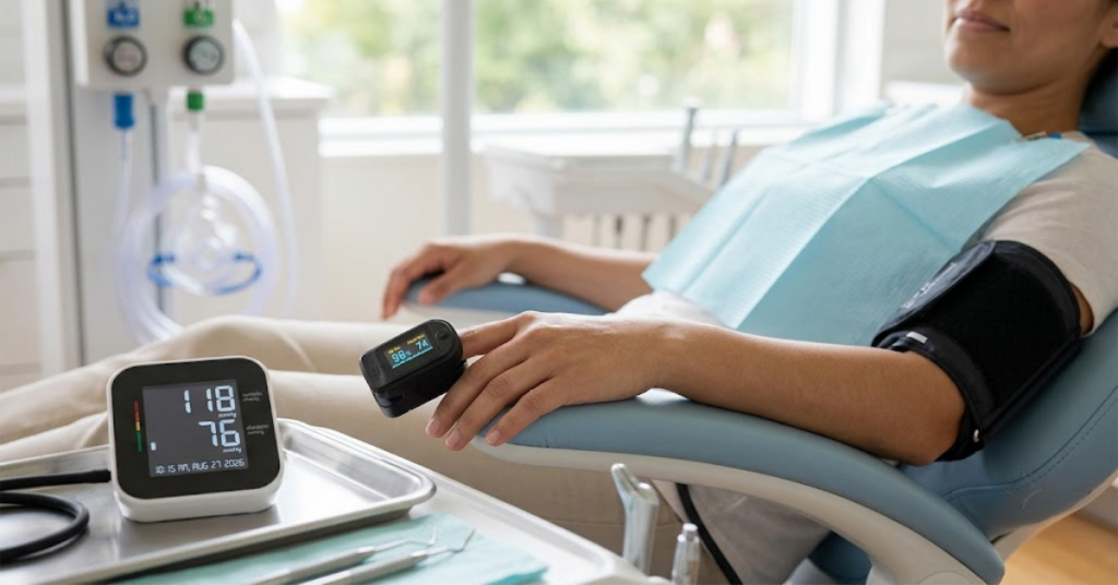 Digital pulse oximeter clipped to a patient finger during dental sedation