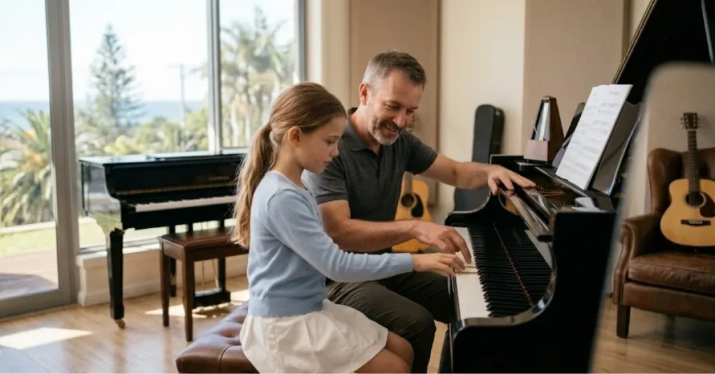 A piano teacher demonstrating correct curved finger posture and wrist alignment to a student at an acoustic piano.