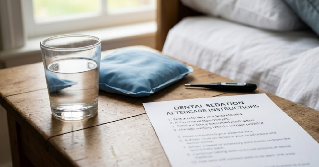 Glass of water and printed recovery instructions on a bedside table for post-op dental care