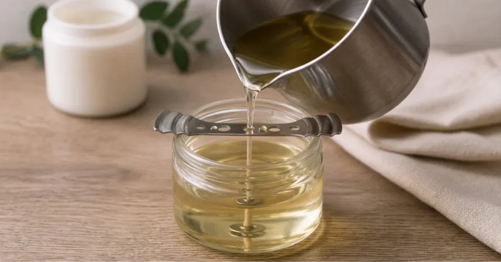 Pouring melted liquid candle wax into a clear glass jar with a centered wick