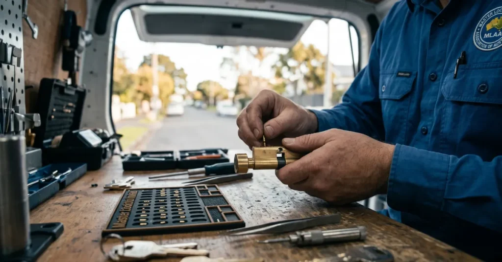 Professional tradesperson rekeying a residential door lock cylinder inside a mobile locksmith van in Auckland