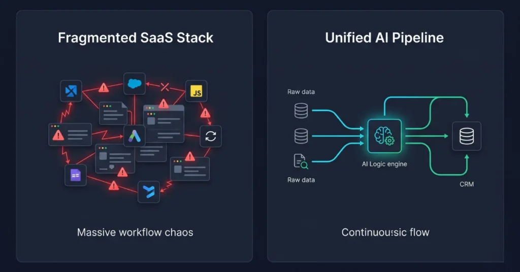 An infographic comparing a chaotic multi-app SaaS stack tangled with broken red error lines on the left, against a streamlined, unified horizontal data flow managed by a central AI logic engine on the right.