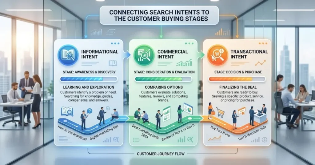 Diagram showing how informational, commercial, and transactional search queries map to the customer journey.