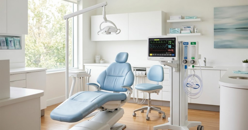 Modern dental clinic room setup with a patient chair and digital vitals monitor