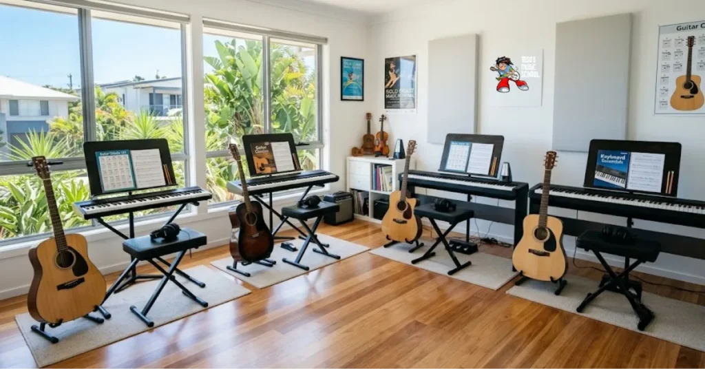 Small group music lesson setup for up to four students at a Gold Coast music academy.