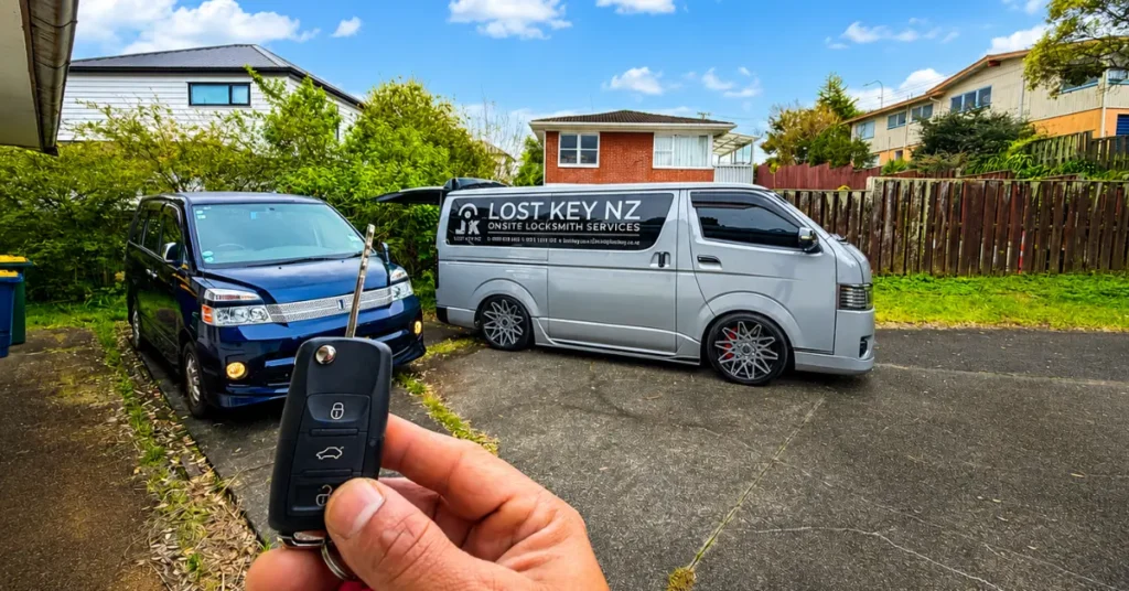 A friendly LostKey locksmith standing next to a work van in Auckland, ready for 24-hour emergency call-outs.