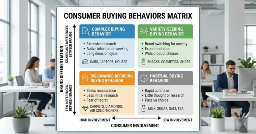2x2 matrix chart categorizing four consumer buying behaviors based on involvement and brand differentiation.