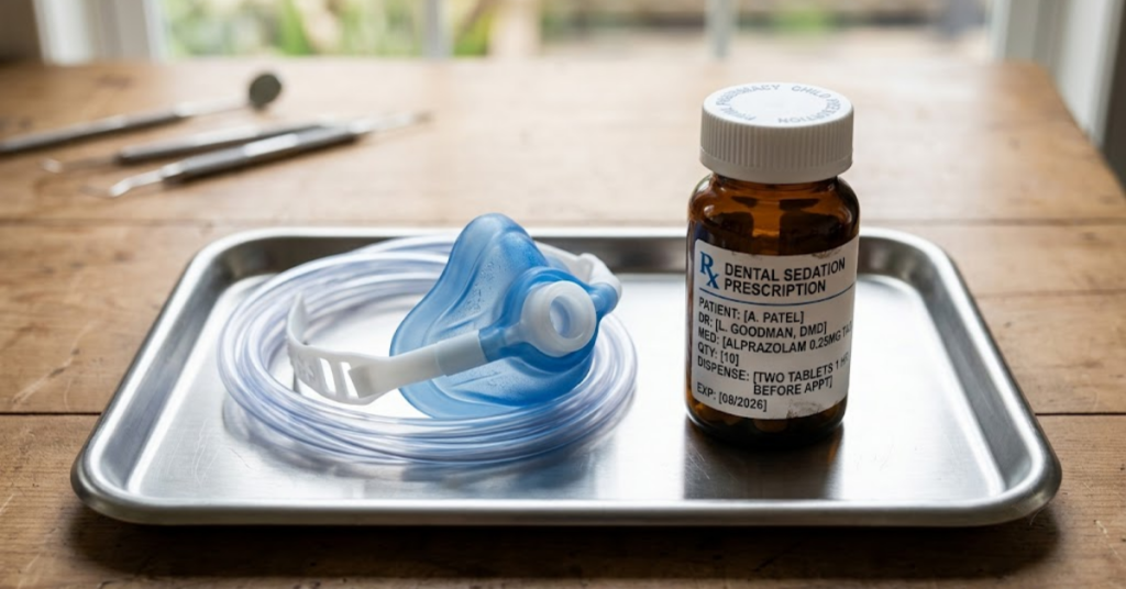 Nitrous oxide nasal delivery mask next to oral sedation medication on a clinical tray