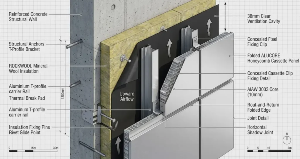 Architectural cross-section of ventilated rainscreen system with Alucore cassette cladding.