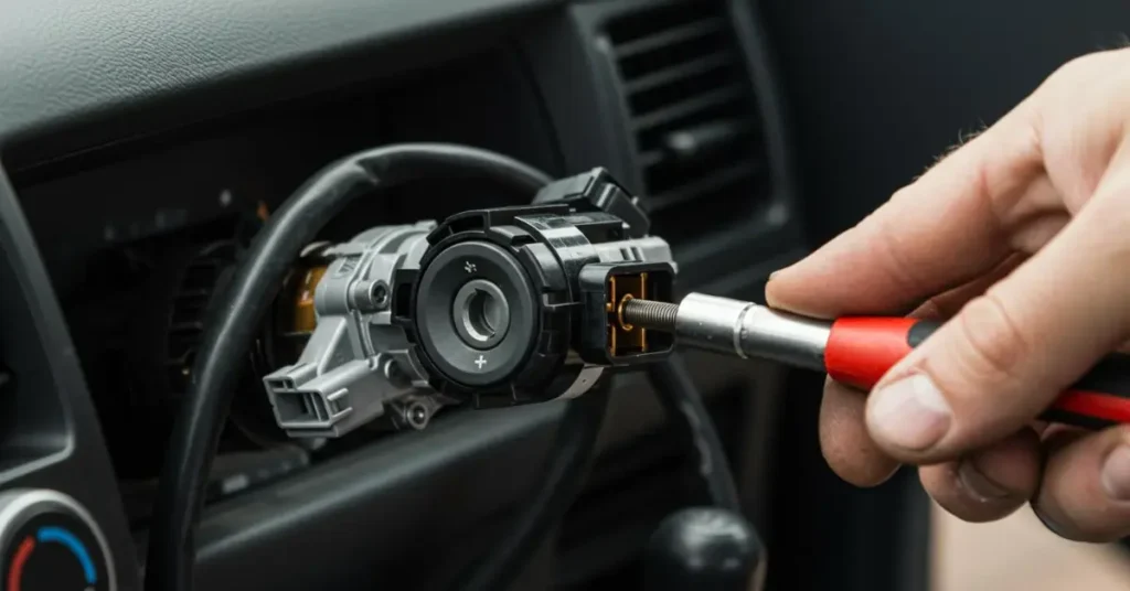 Mobile automotive locksmith using diagnostic tools to test a car ignition switch behind the steering column.